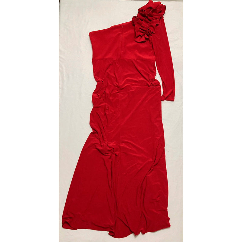 XSCAPE Plus Size Asymmetrical Ruffle Shoulder Long Sleeve Sheath Dress RED 14