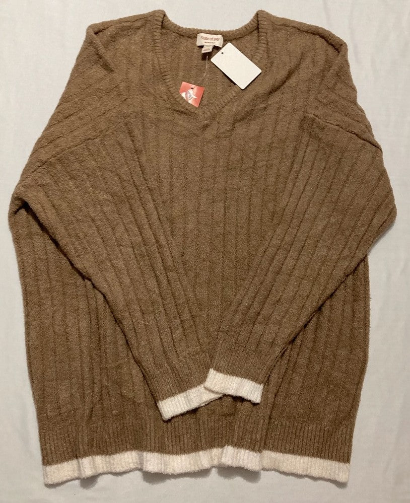 STATE OF DAY V-Neck Ribbed Knit Sweater with Contrast Trim BROWN XXL
