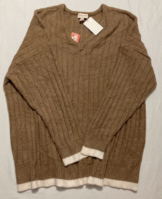 STATE OF DAY V-Neck Ribbed Knit Sweater with Contrast Trim BROWN XXL