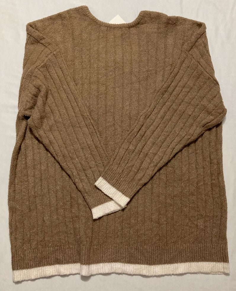 STATE OF DAY V-Neck Ribbed Knit Sweater with Contrast Trim BROWN XXL