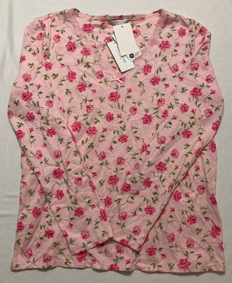 CHARTER CLUB Pajamas Top Sleeping Long Sleeve FLORAL PINK S
