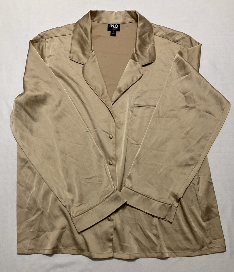 I.N.C Piped-Trim Satin Pajamas Top BEIGE L