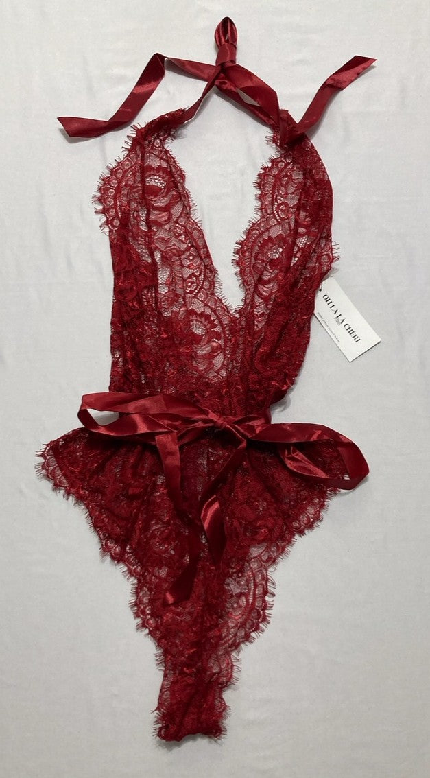OH LA LA CHERI Naomi Eyelash Lace Halter Teddy With Functional Ties RED L/XL