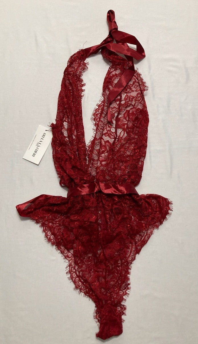 OH LA LA CHERI Naomi Eyelash Lace Halter Teddy With Functional Ties RED L/XL
