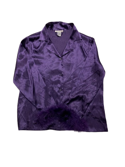 LINEA DONATELLA Marabou Feather-Trim Satin Pajama top PURPLE L