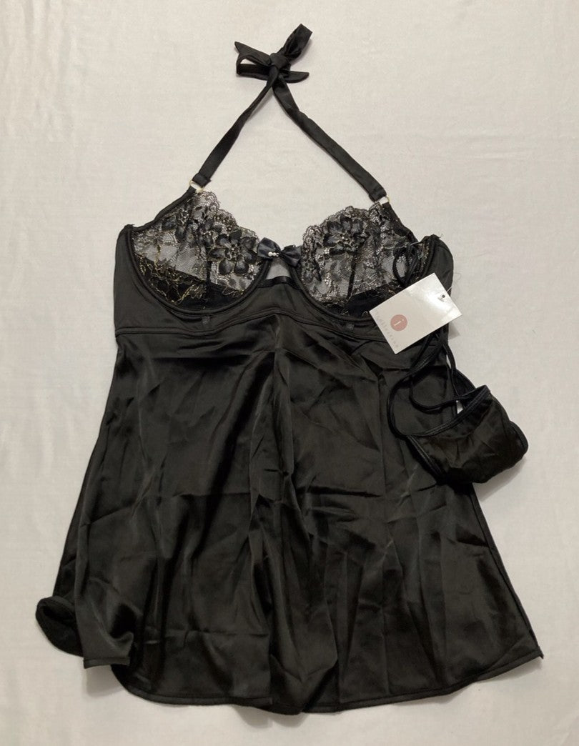 ICOLLECTION Roseanne Silky Babydoll Chemise lingerie BLACK L