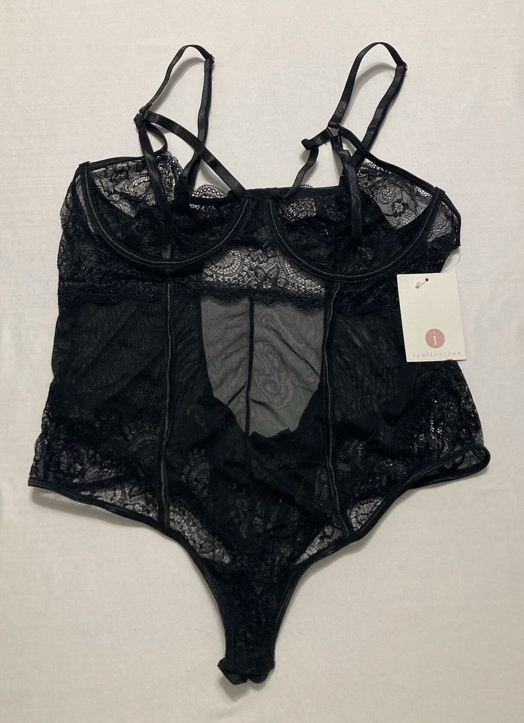 ICOLLECTION Clarice Lace Underwire Strappy Bodysuit BLACK XL