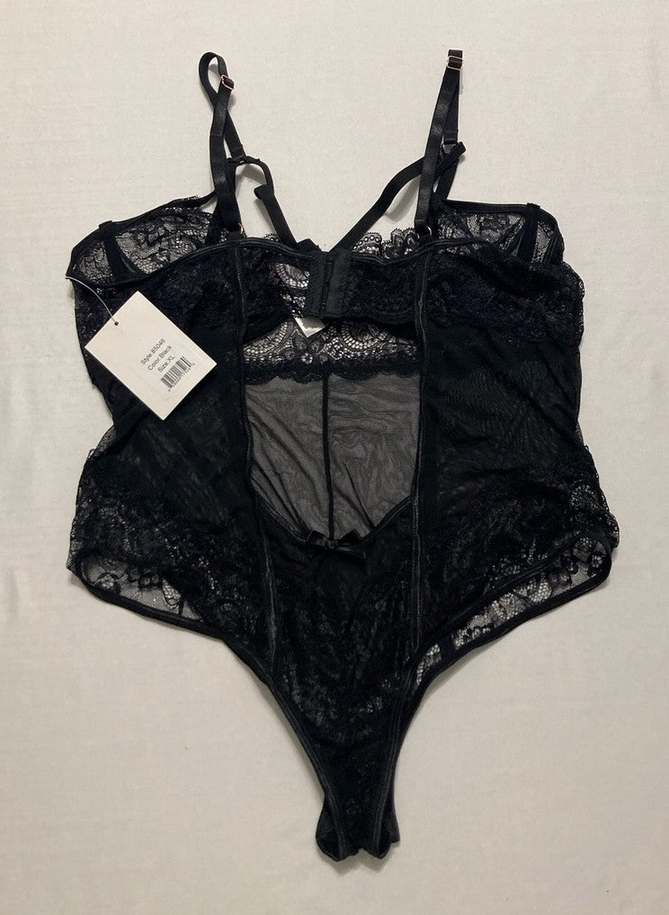 ICOLLECTION Clarice Lace Underwire Strappy Bodysuit BLACK XL