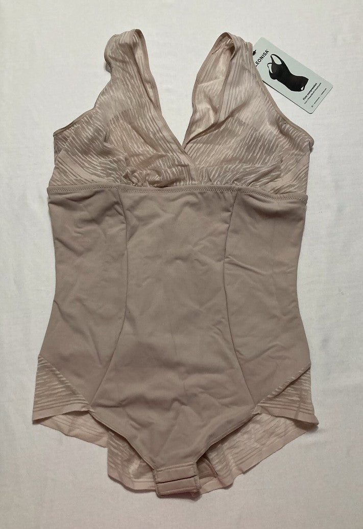 LEONISA Sheer Stripe Detail Sculpting Bodysuit Tummy Control Shapewear BEIGE XL