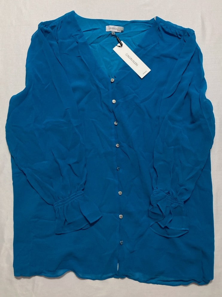 CALVIN KLEIN Plus Size Solid V-Neck Button-Front Top BLUE 3X