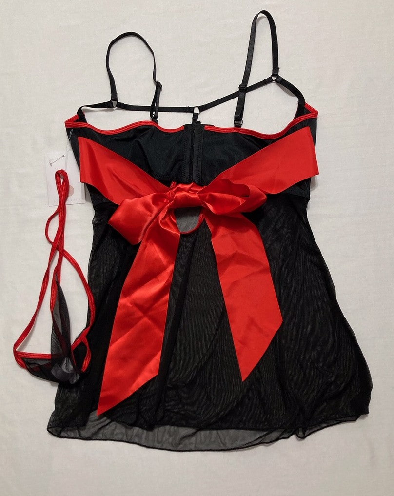 ICOLLECTION Unwrap Me Open Cup Babydoll, Christmas Babydoll BLACK L