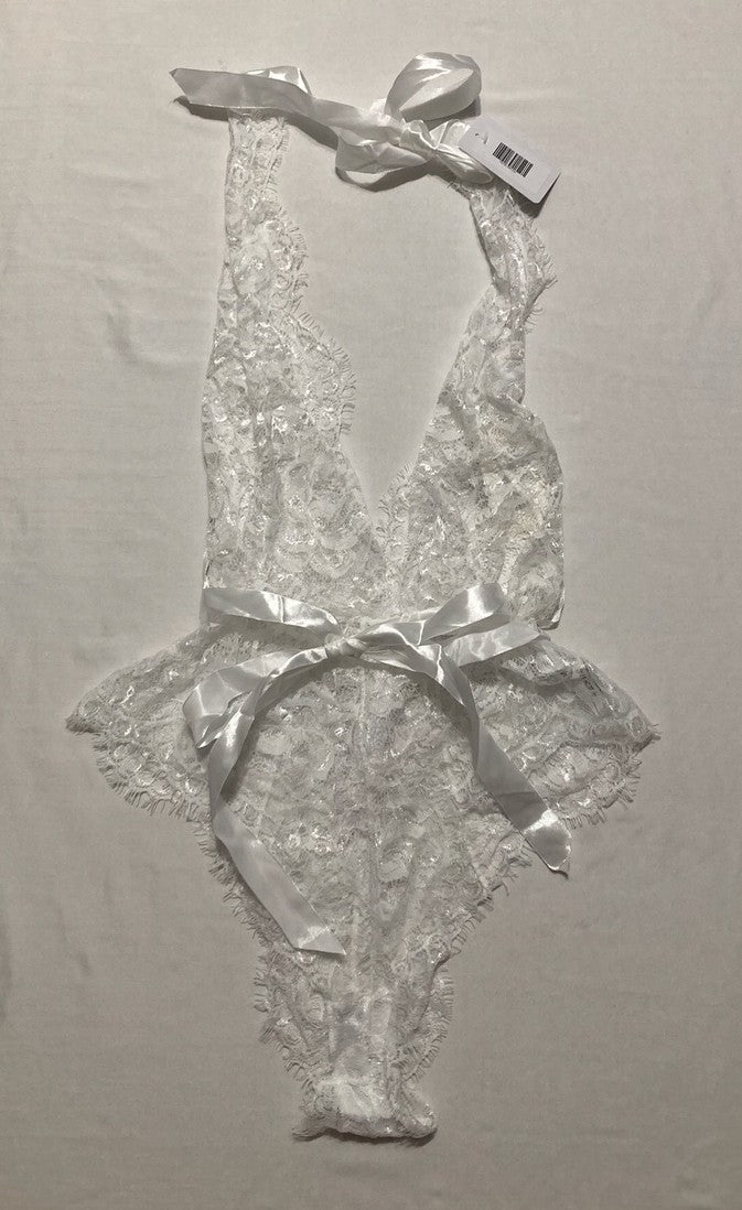 OH LA LA CHERI Naomi Eyelash Lace Halter Teddy WHITE S/M