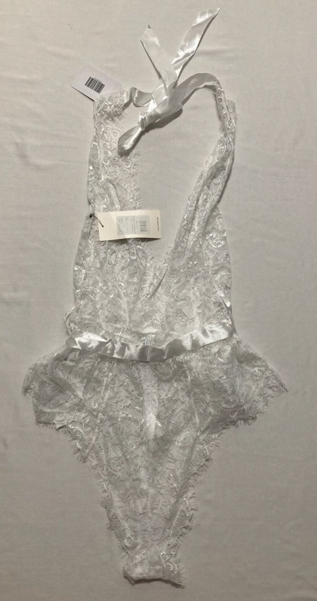 OH LA LA CHERI Naomi Eyelash Lace Halter Teddy WHITE S/M
