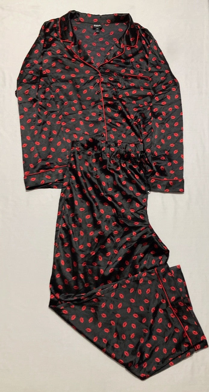I.N.C Matching Satin Notch Collar Pajama Set BLACK/RED XXL
