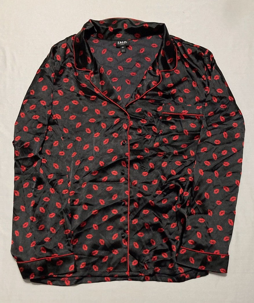 I.N.C Matching Satin Notch Collar Pajama Set BLACK/RED XXL