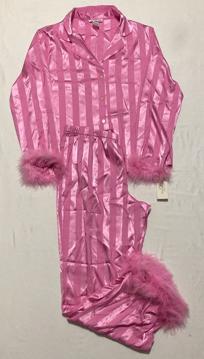 LINEA DONATELLA 2-Pc. Satin Feather-Trim Pajama Set ROSE CHAUD M