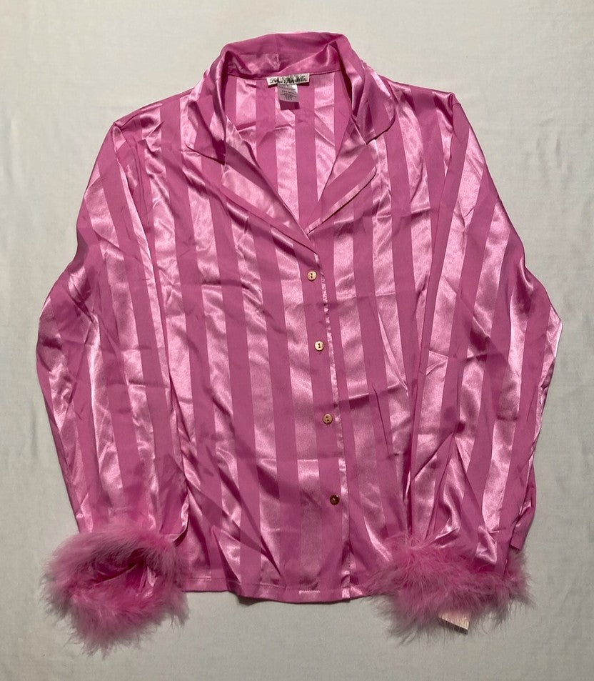 LINEA DONATELLA 2-Pc. Satin Feather-Trim Pajama Set ROSE CHAUD M