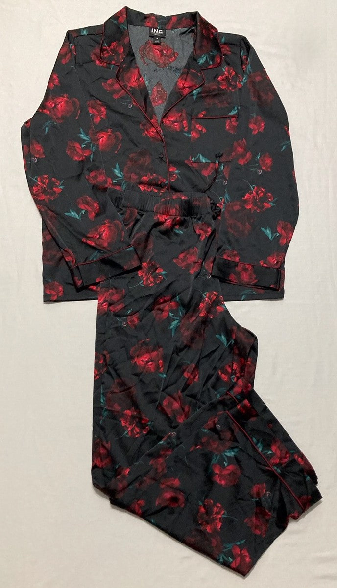 I.N.C 2-Pc. Piped-Trim Satin Pajamas Set RED M