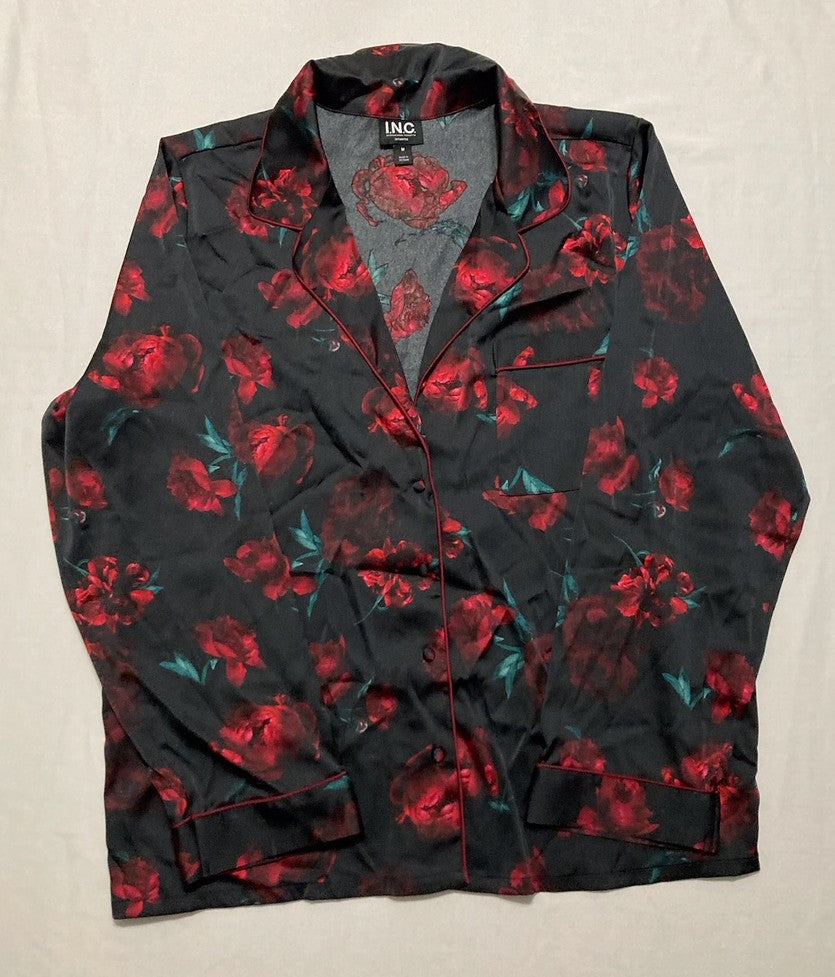 I.N.C 2-Pc. Piped-Trim Satin Pajamas Set RED M