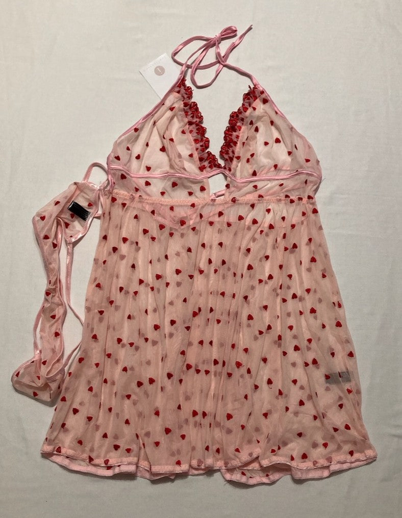 ICOLLECTION Heart Mesh Sheer Babydoll 2pc Lingerie Set ROSE XL