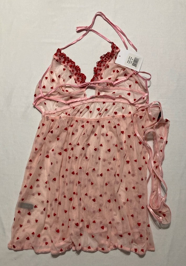 ICOLLECTION Heart Mesh Sheer Babydoll 2pc Lingerie Set ROSE XL