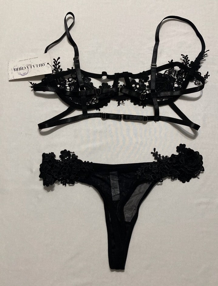 OH LA LA CHERI Sydney Embroidered 2 Pc Set BLACK S/M