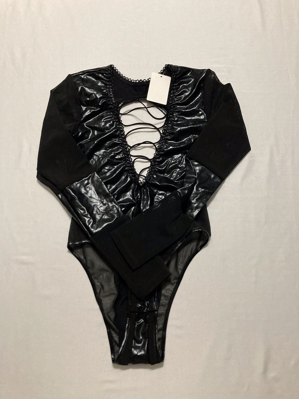 HAUTY Faux Leather Lace-Up Back Bodysuit BLACK XS