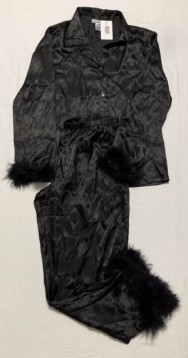 LINEA DONATELLA Marabou Feather Satin Pajama Set BLACK M
