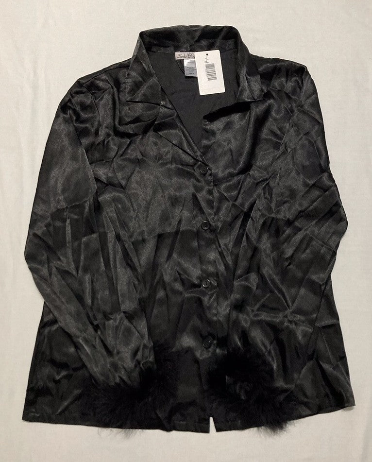 LINEA DONATELLA Marabou Feather Satin Pajama Set BLACK M