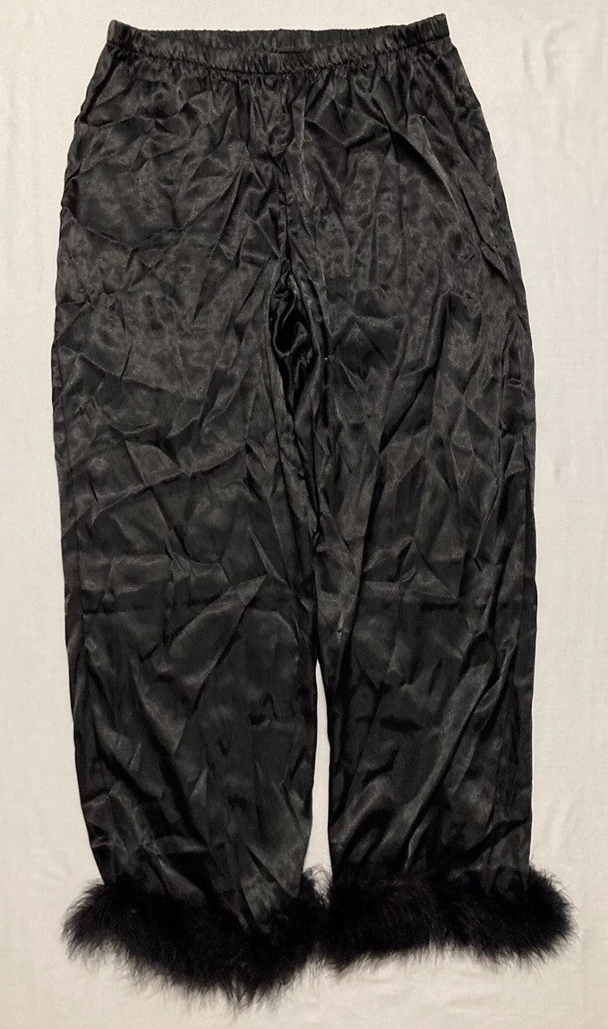 LINEA DONATELLA Marabou Feather Satin Pajama Set BLACK M