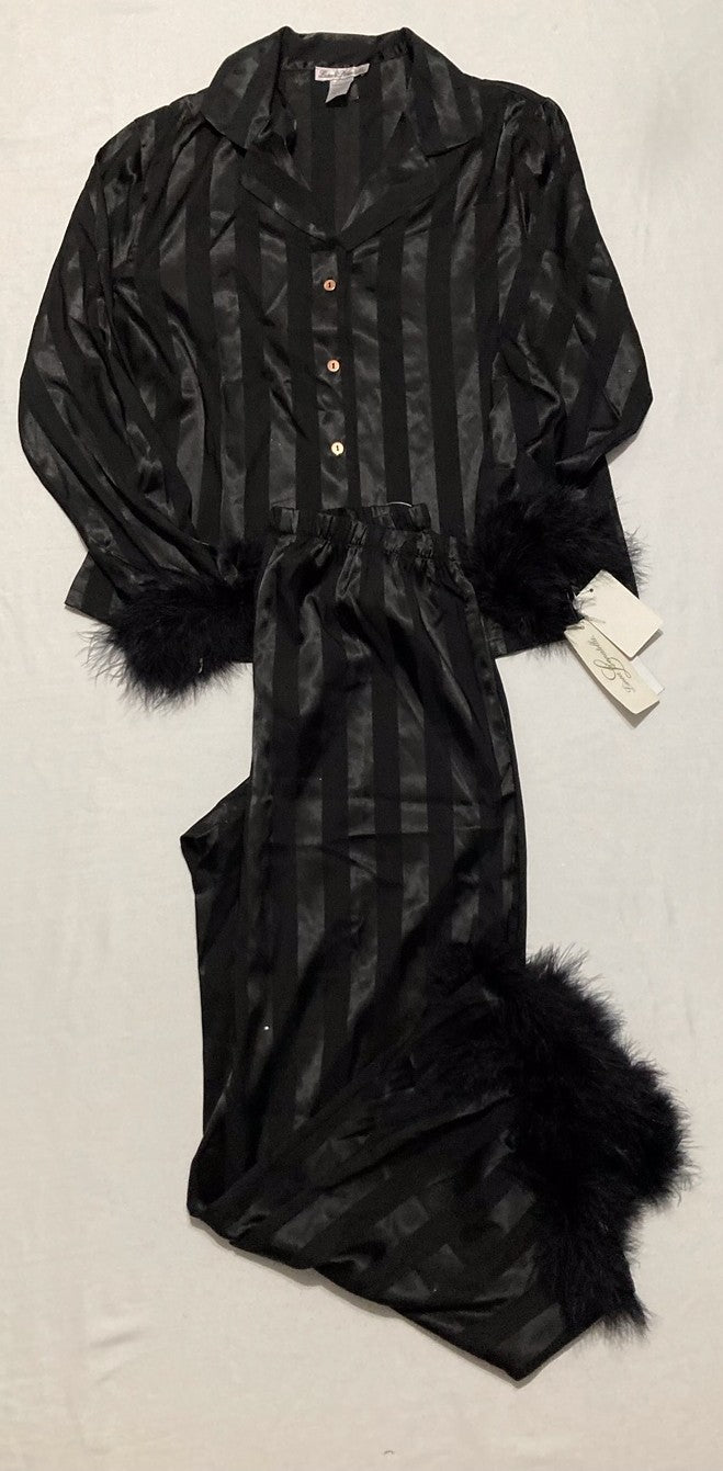 NWD LINEA DONATELLA 2-Pc. Satin Feather-Trim Pajama Set BLACK S