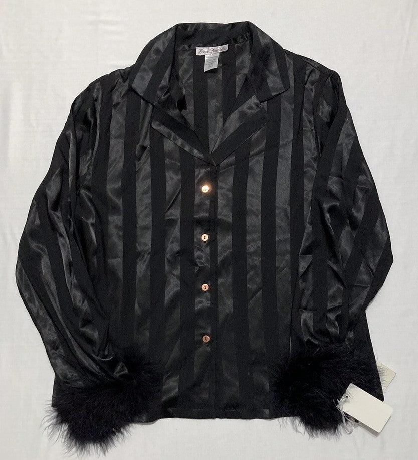 NWD LINEA DONATELLA 2-Pc. Satin Feather-Trim Pajama Set BLACK S