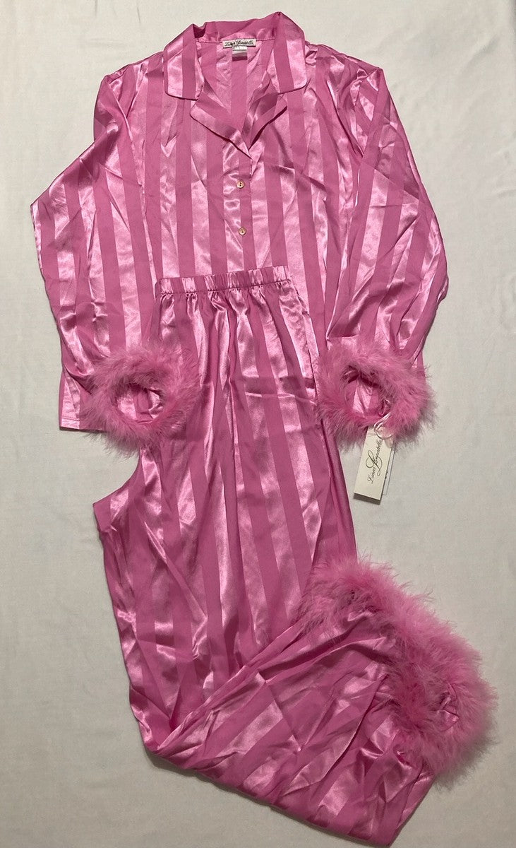 LINEA DONATELLA Marabou Feather Satin Pajama Set ROSE CHAUD L