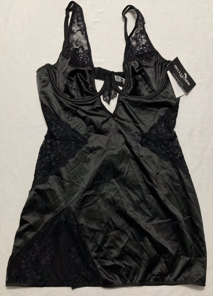OH LA LA CHERI Plunge Neck Underwire Chemise with Lace Inset BLACK XL