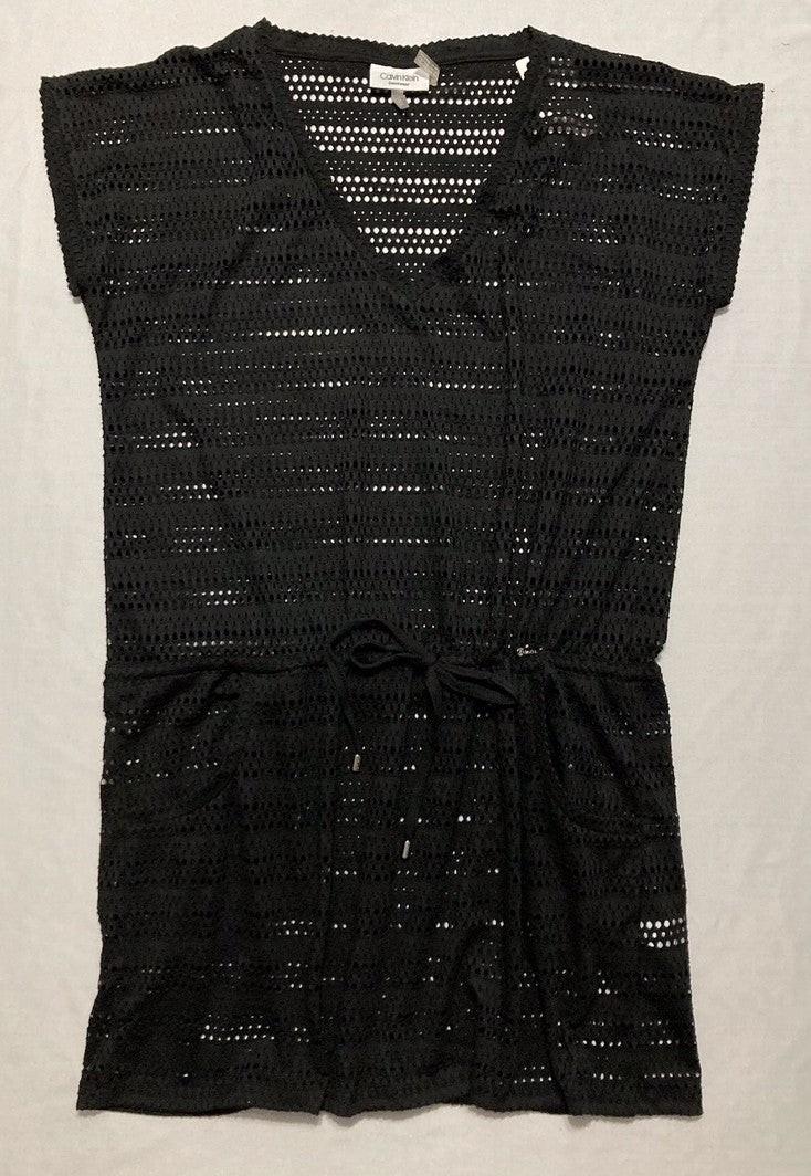 CALVIN KLEIN Swimwear Crochet Striped Hooded Tunic Swim Cover-Up BLACK S/M
