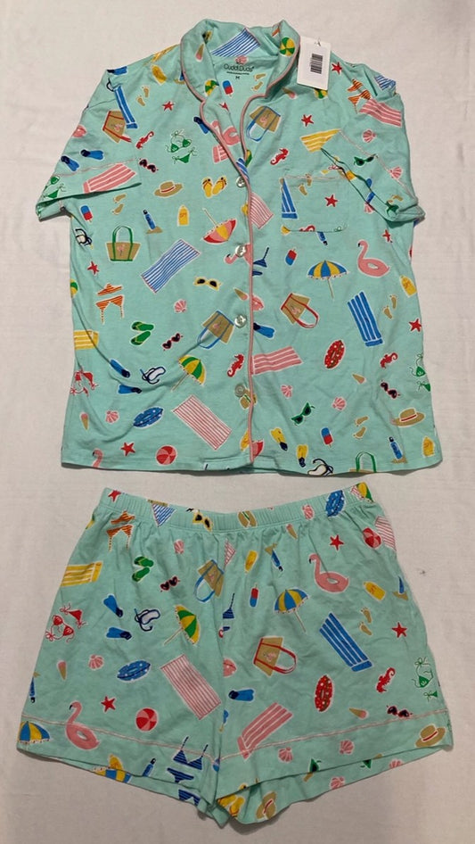 NWD CUDDL DUDS Notch Collar Boxer Shorts Pajama Set Blue MISMATCHED GREEN