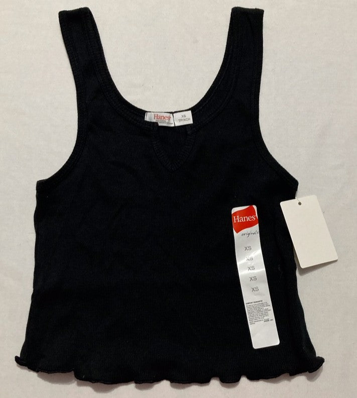 HANES Rib Cropped Tank Top with Lettuce Edge Trim BLACK XS
