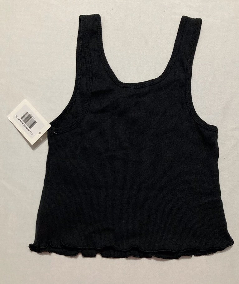 HANES Rib Cropped Tank Top with Lettuce Edge Trim BLACK XS