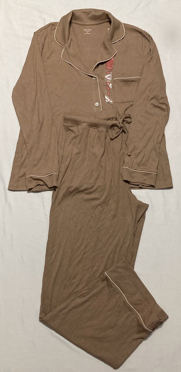 STATE OF DAY Packaged Ribbed Notched-Collar Pajamas Set BROWN M