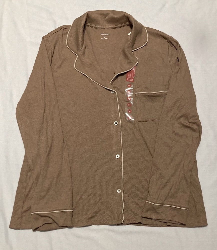 STATE OF DAY Packaged Ribbed Notched-Collar Pajamas Set BROWN M