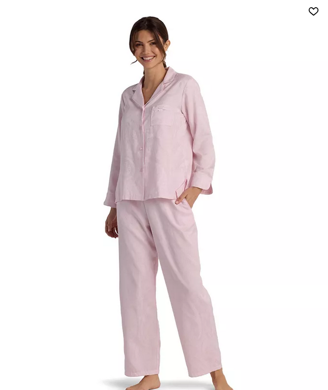 MISS ELAINE 2-Piece Notch Collar Top and Pull-On Pants Pajama Set PINK PETITE L