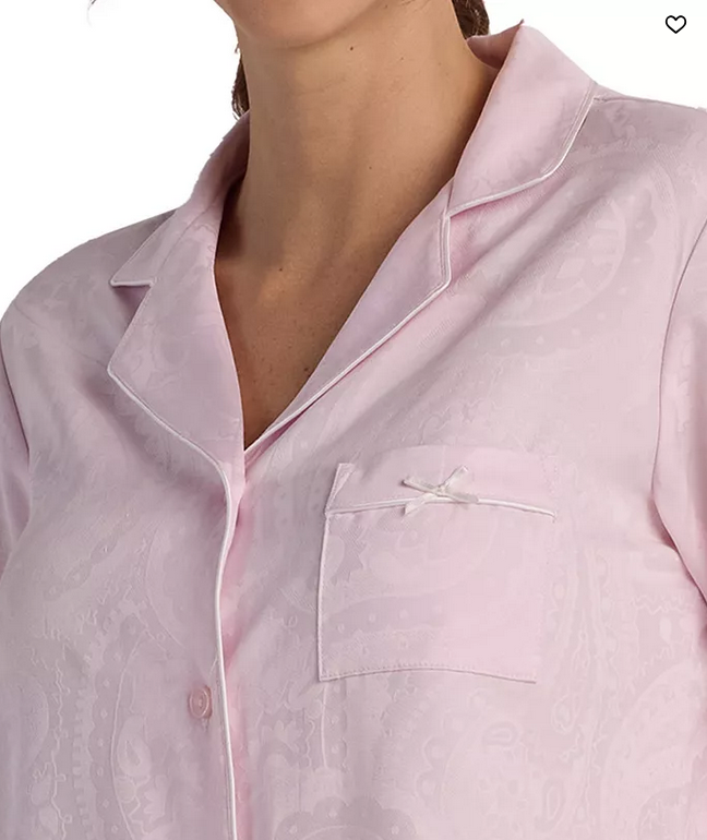 MISS ELAINE 2-Piece Notch Collar Top and Pull-On Pants Pajama Set PINK PETITE L