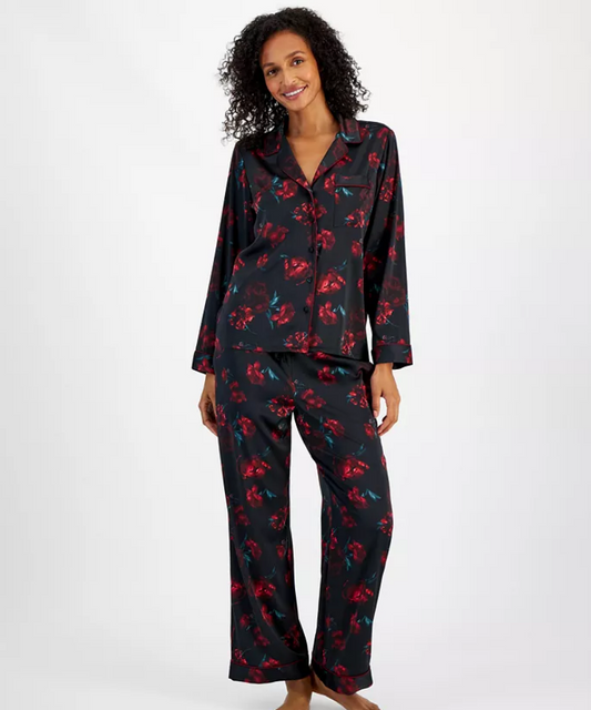 I.N.C 2-Pc. Piped-Trim Satin Pajamas Set RED M