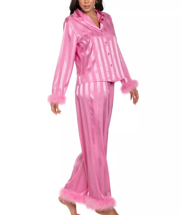 LINEA DONATELLA Marabou Feather Satin Pajama Set ROSE CHAUD L