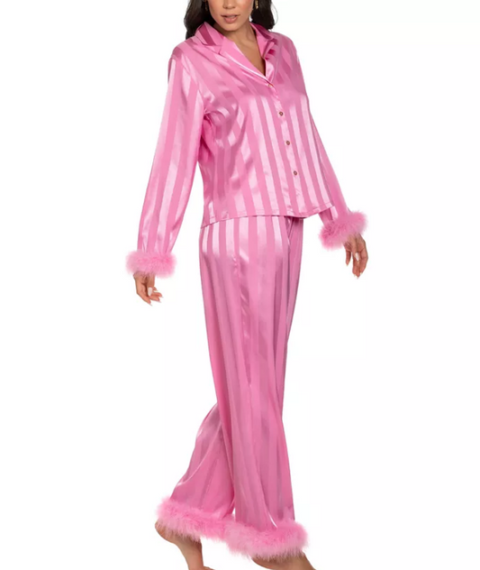 LINEA DONATELLA Marabou Feather Satin Pajama Set ROSE CHAUD L