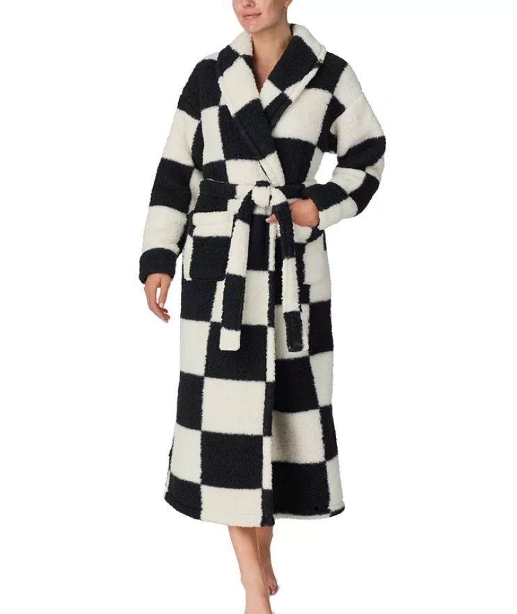 SANCTUARY Belted Checkered Fleece Robe WHITE/BLACK L/XL