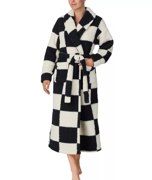 SANCTUARY Belted Checkered Fleece Robe WHITE/BLACK L/XL