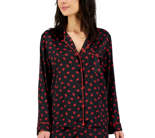 I.N.C Mommy & Me Matching Satin Notch Collar Pajama Top BLACK XS