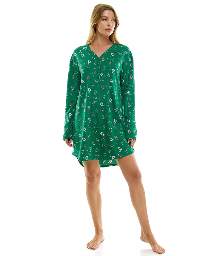 ROUDELAIN Printed Long-Sleeve V-Neck Sleepshirt GREEN XS