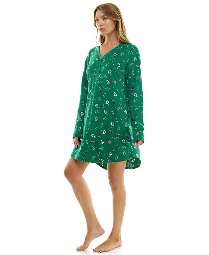 ROUDELAIN Printed Long-Sleeve V-Neck Sleepshirt GREEN XS
